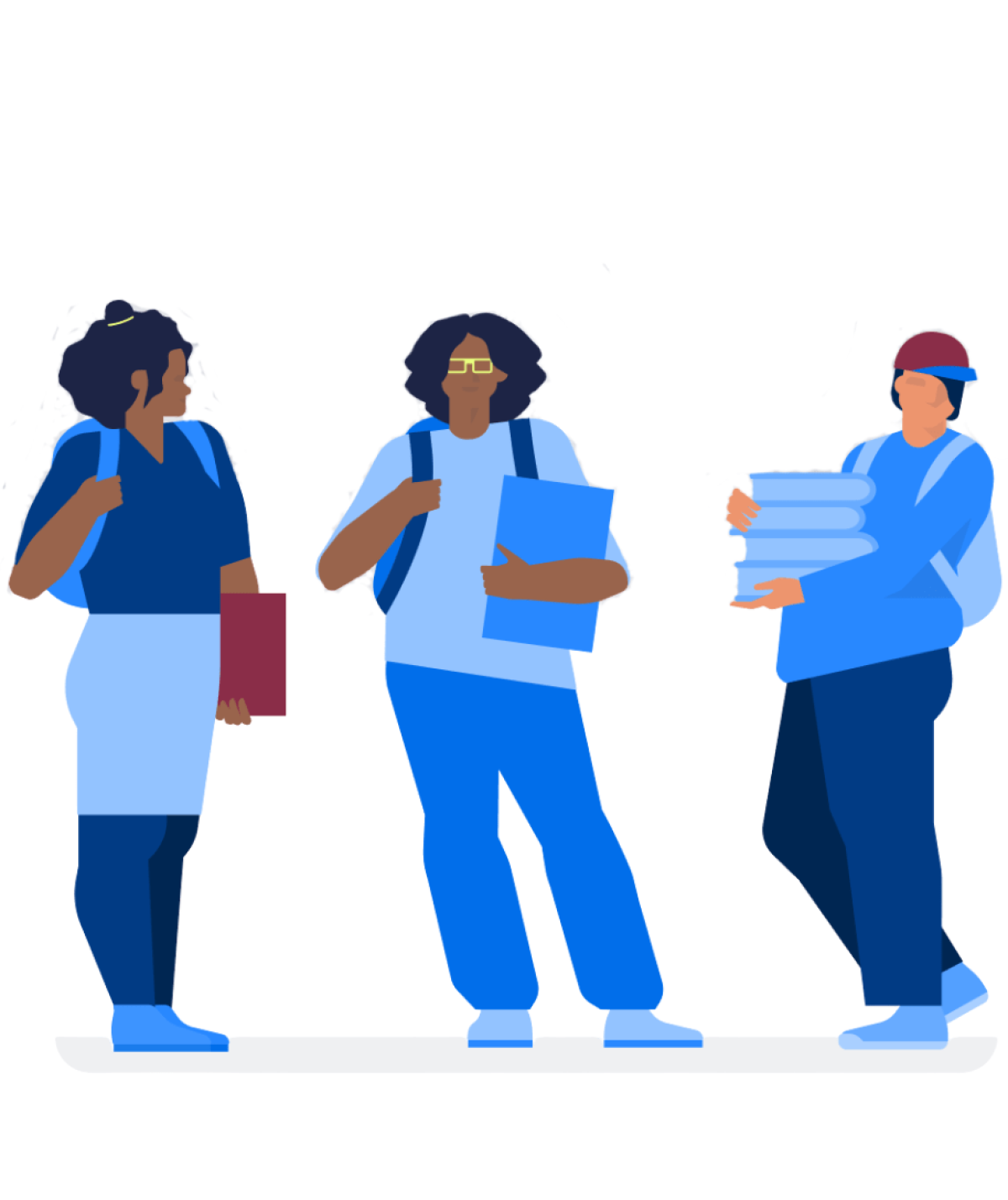 illustration-ueber-uns drei Schüler*innen tragen Rucksäcke und Bücher mit sich